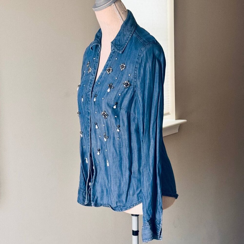 INC Unique Beaded Denim Long Sleeve Shirt - Size 4. - Picture 4 of 8